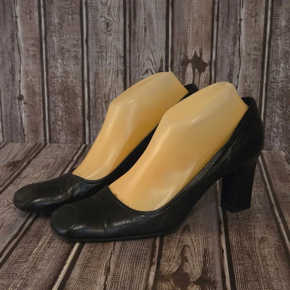 Sz 38.5 / 8.5 US Prada Y2K Black Leather Square Toe Block Heel Pumps Shoes VGUC